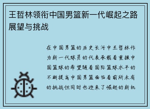 王哲林领衔中国男篮新一代崛起之路展望与挑战